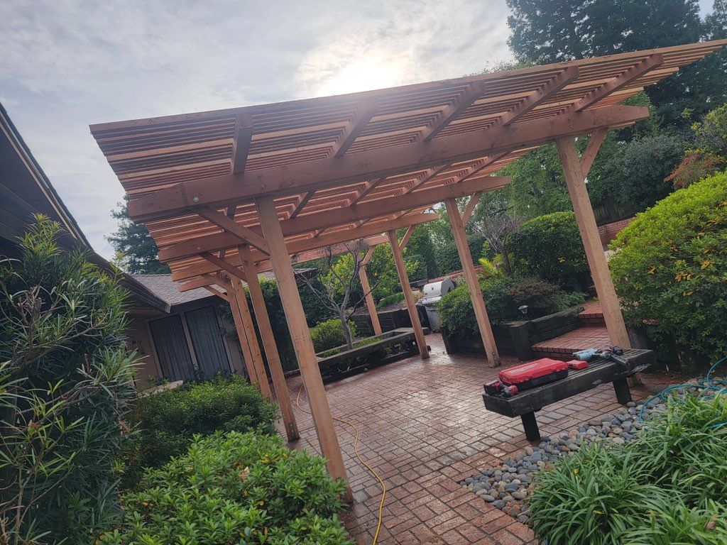 Backyard pergola after staining and sealing